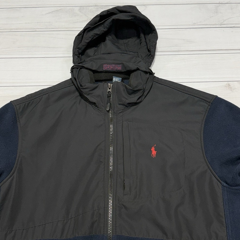 Polo Ralph Lauren Jacket L Black Blue Polartec Hooded Fleece Full Zip VTG 90s - Picture 2 of 11